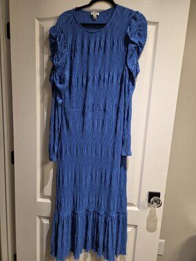 River Island Blue Plisse Maxi Dress long Sleeve Size 18